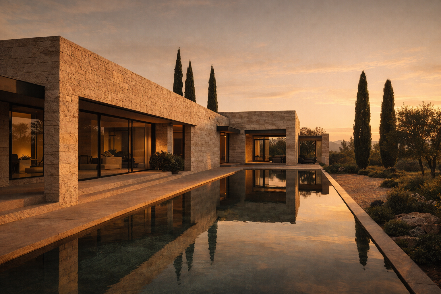 A warm limestone house at golden hour beside a long reflecting pool.