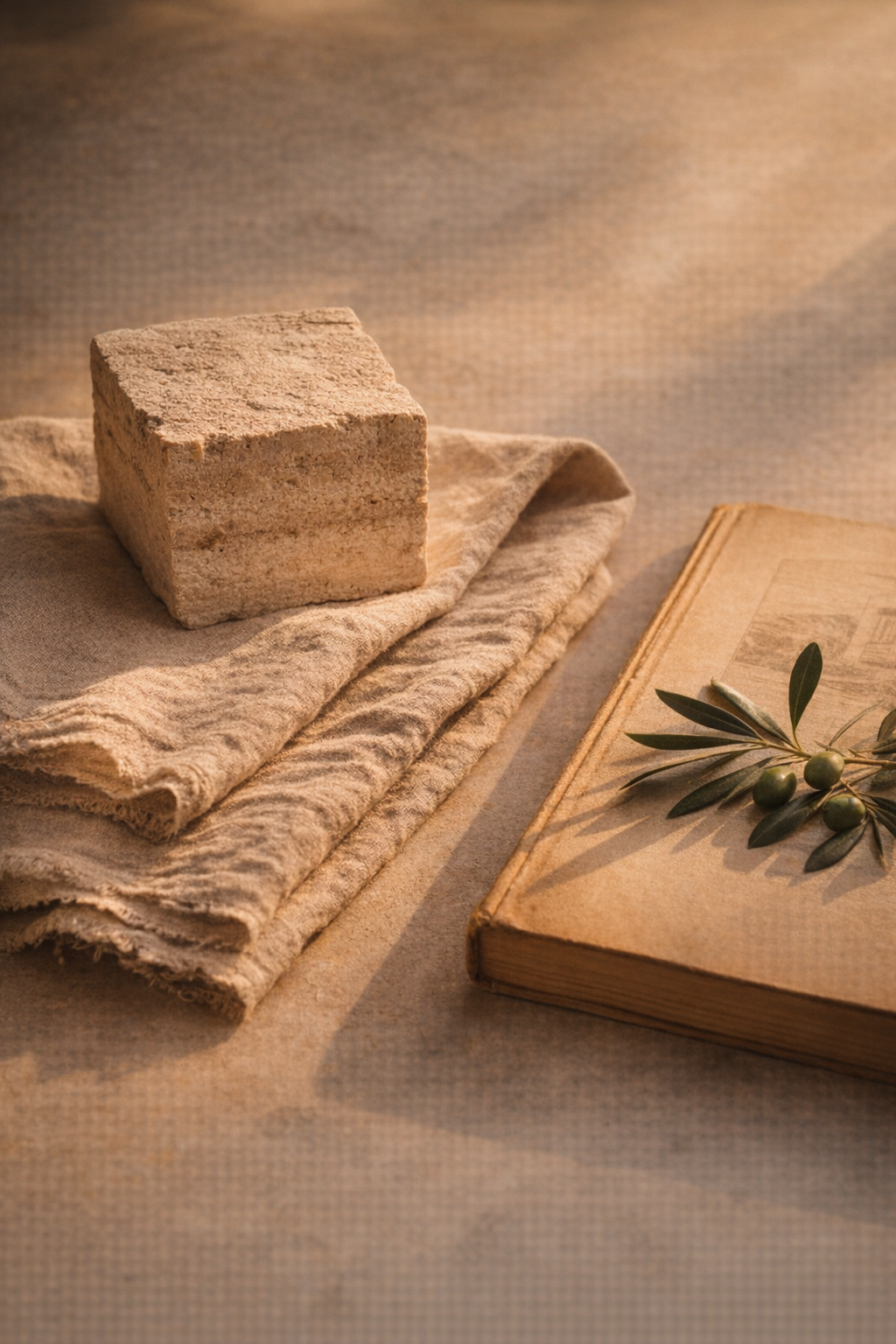 A warm editorial still life showing limestone, folded linen, an old book, and an olive branch.