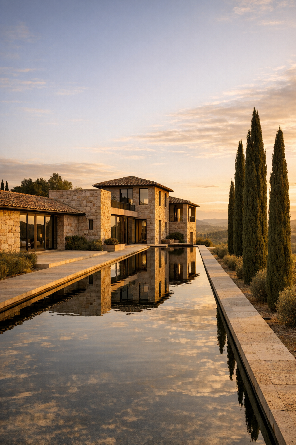 A private residence rendered in warm stone tones with quiet courtyards and soft morning light.